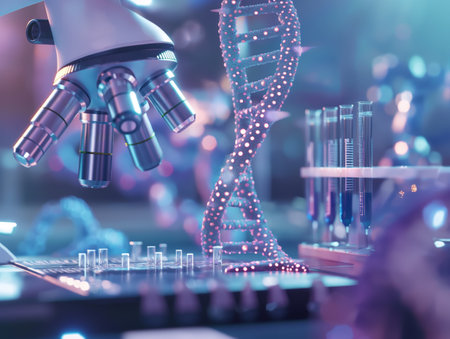 Microscope with DNA strand visualization representing genetic researchの素材