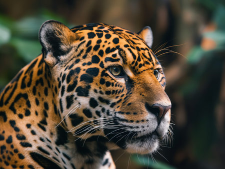A captivating close-up of a jaguar, its gaze piercing through the surroundings, showcasing its majestic beautyの素材