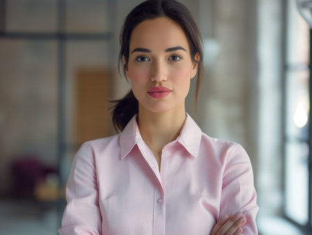 A portrait of a young professional woman in a pink blouse with a poised expression, standing in an office setting.の素材
