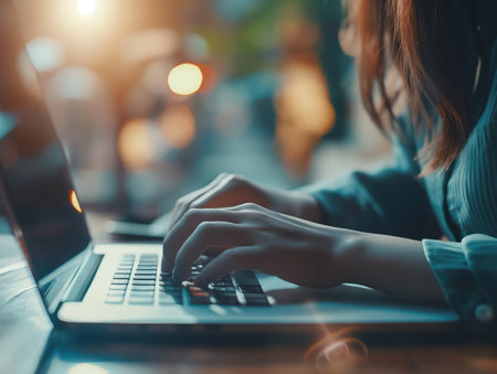 Close-up of a person working on a laptop with a focus on their hands, illuminated by screen light.の素材