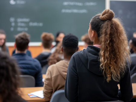 A young student with a bun hairstyle participating in a class with peers in the background.の素材