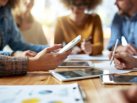 Close-up of a persons hand using a smartphone with colleagues working in the background.の素材