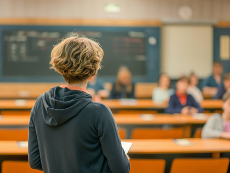Rear view of a student standing in a lecture hall, facing peers seated at desks.の素材