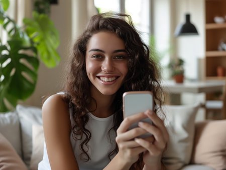 A cheerful young woman with curly hair holding a smartphone, with an indoor plant-filled room in the background, showcasing a relaxed lifestyle moment.の素材