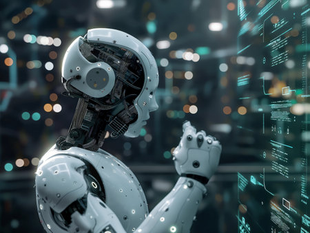 A sleek robot examines holographic data screens, symbolizing high-tech innovation and artificial intelligence.の素材