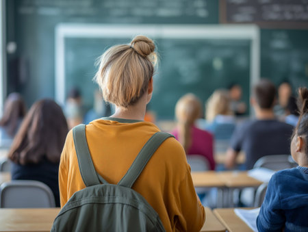 Back view of a student with blond hair focusing on a teachers lecture at the front of the classroom.の素材