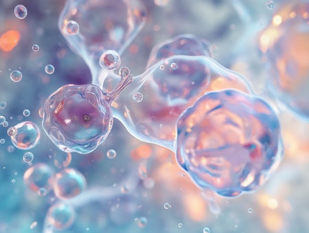 Close-up of interconnected translucent cells with floating bubbles, symbolizing cellular biology.の素材