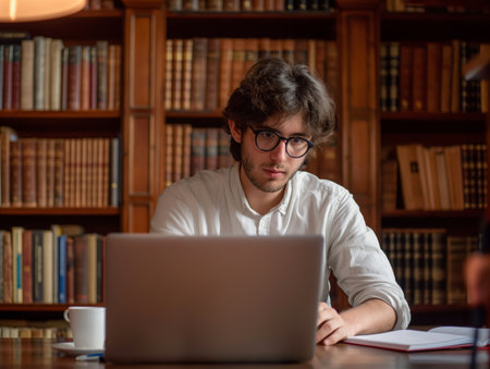 A focused young adult with eyeglasses working on a laptop in a library setting surrounded by bookshelves.の素材