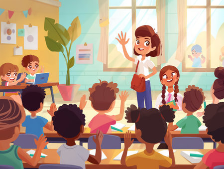 Cheerful teacher interacting with diverse group of enthusiastic students in a colorful classroom setting.の素材