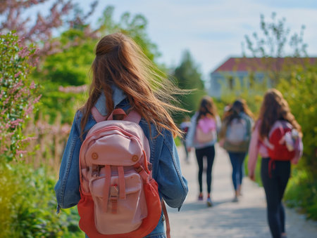Back view of a girl with a pink backpack walking among peers, embodying youth and education.の素材