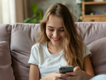 A cheerful young woman looks at her phone with a smile while relaxing on a couch, embodying leisure and connectivity.の素材