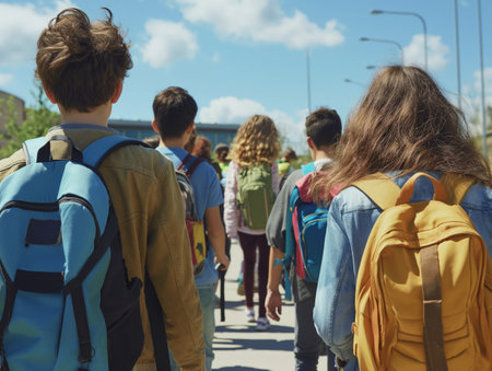 Rear view of diverse teenagers with backpacks on a sunny day, concept of education and friendship.の素材