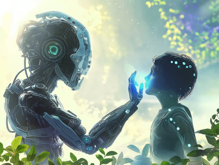 A child and a robot engage in a tender moment amidst a luminous backdrop.の素材