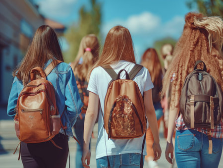 Group of teenage girls with backpacks walking away in the sunshine, symbolizing friendship and youth.の素材