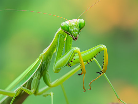 Close-up view of a praying mantis against a soft green background, showcasing its predatory stance and vibrant detail.の素材