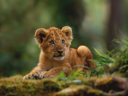 A young lion cub rests peacefully among greenery, exuding innocence and curiosity in a tranquil wild setting.の素材