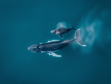 Aerial view of two humpback whales swimming together in crystal-clear blue waters.の素材