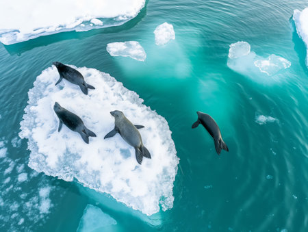 Seals rest on a small iceberg surrounded by the aquamarine waters of the Arctic.の素材