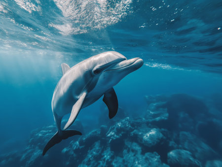A playful dolphin swims in a clear blue ocean, showcasing the majesty of marine life.の素材