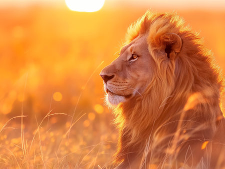 Profile of lion with a radiant sunset backdrop, symbolizing power and peace.の素材