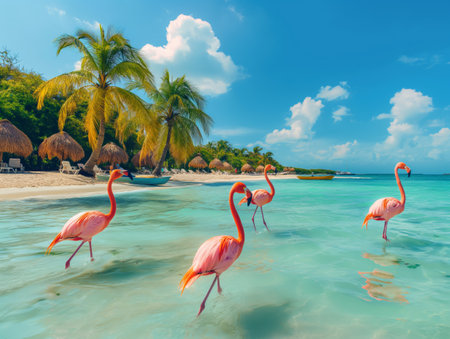 Flamingos exploring clear waters on a sunlit beach with palm trees and huts.の素材