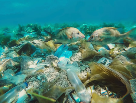 Fish swim amongst plastic waste, highlighting ocean pollution.の素材
