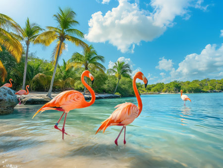 Flamingos wading in crystal-clear waters with a backdrop of palm trees under a blue sky.の素材