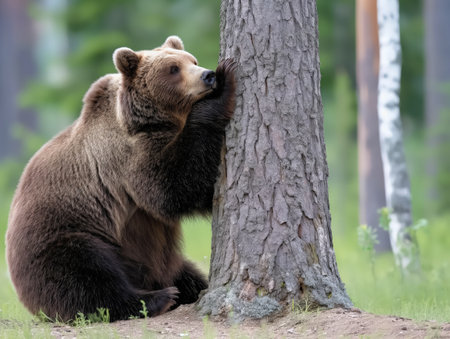 A brown bear in a serene forest habitat leans casually against a tree.の素材
