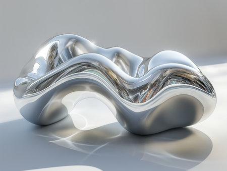 Sleek, metallic sculpture with flowing curves and reflective surfaces, depicting modern art.の素材