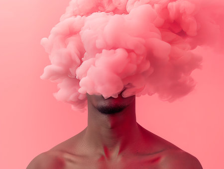 A creative portrait with a pink smoke cloud replacing the subjects head, symbolizing imagination or a clouded mind.の素材