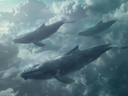 A serene underwater view of whales swimming gracefully beneath clouds.の素材