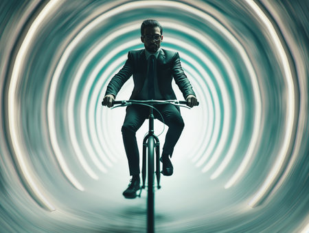 A stylish man in a suit rides a bike within a swirling tunnel, symbolizing forward motion and innovation.の素材