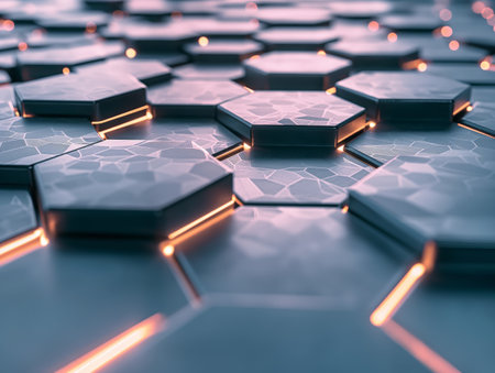A network of connected hexagonal shapes with illuminated edges providing a sense of advanced technology and connectivity.の素材
