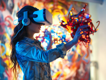 A woman interacts with a colorful virtual artwork while wearing a VR headset.の素材