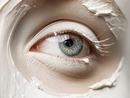 A striking close-up of a human eye peering through a textured white overlay, conveying intensity and emotion.の素材