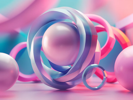 Vibrant spheres and intertwining rings in a playful, abstract arrangement on a pastel background.の素材