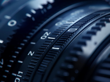 Macro view of a camera lens focusing scale with detailed markings.の素材