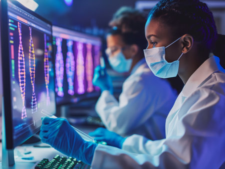 Researchers in lab coats and masks examine DNA sequences on a computer.の素材