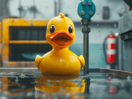A bright yellow rubber duck placed on wet urban ground with raindrops and city elements in the background.の素材