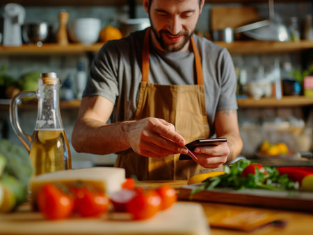 Smiling male in apron using phone while cooking, surrounded by fresh ingredients.の素材