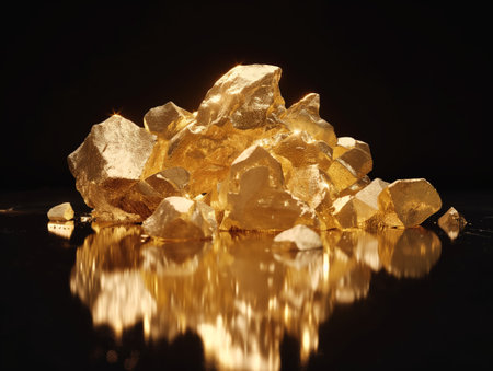 A pile of luminous gold nuggets brilliantly shining with a reflection on a dark surface symbolizing wealth and success.の素材