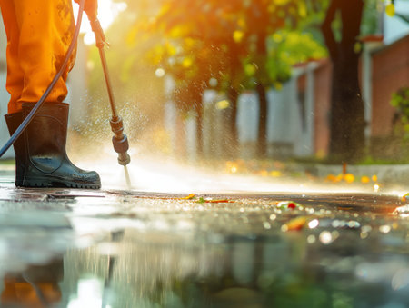 Worker in rubber boots deep cleaning the sidewalk with a high pressure washer amidst sparkling water droplets.の素材