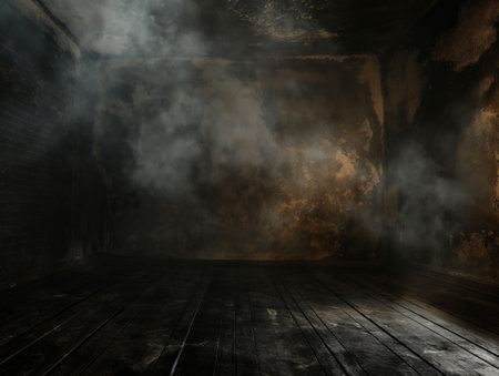 A dark and atmospheric shot of an empty room filled with creeping smoke, hinting at intrigue and danger.の素材