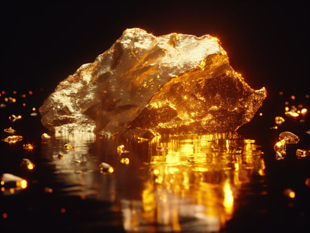 Glowing gold nugget with reflections on a serene water surface, symbolizing wealth and prosperity.の素材