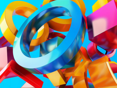 A colorful arrangement of 3D shapes with a dynamic and playful vibe.の素材