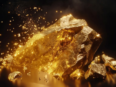 Luminescent gold nuggets creating a magical atmosphere against a shadowy backdrop.の素材