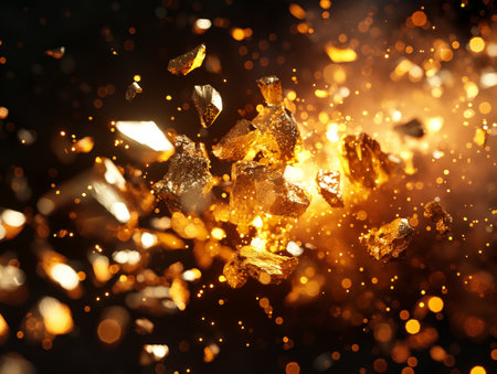 Shimmering golden particles and fragments in a dynamic explosion with bright light effect.の素材