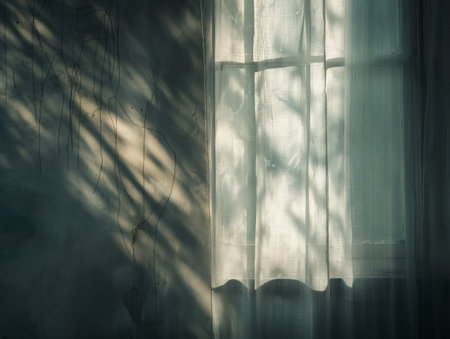 Soft light filters through a translucent curtain casting shadow patterns on an old wall.の素材
