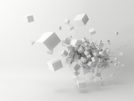 An array of white cubes in various sizes exploding outwards against a plain background.の素材