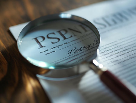 Close-up of a magnifying glass highlighting text on a paper, concept for analysis or scrutiny.の素材